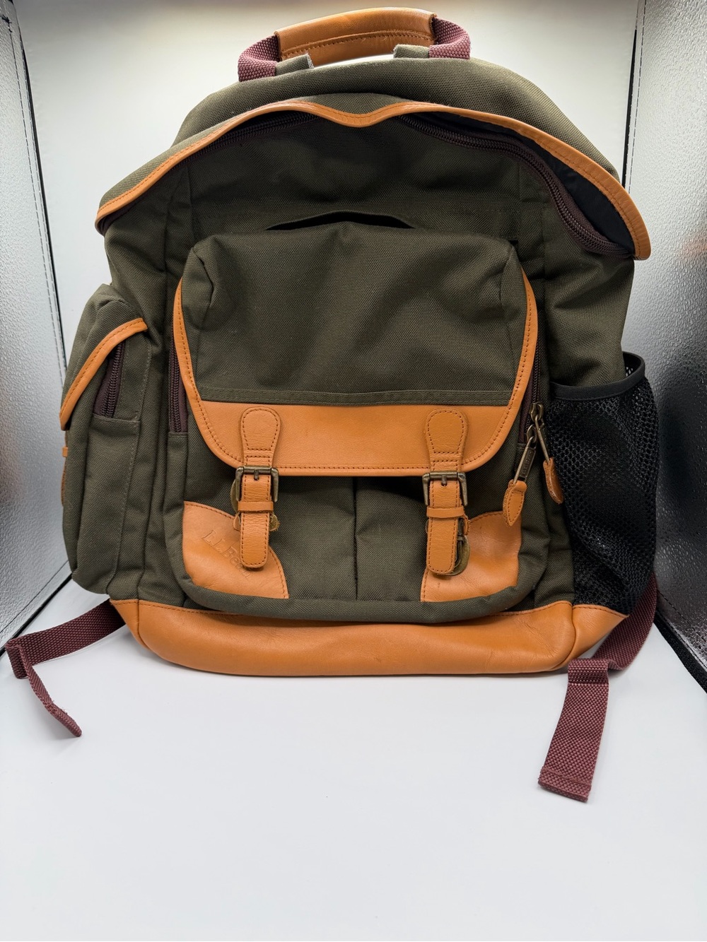 L.L. Bean Olive Canvas Backpack with Tan Trim and Brown Straps